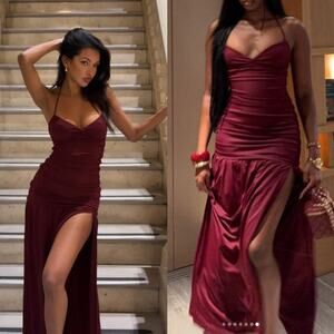 White Fox Sweet Skies Maxi Dress Burgundy Small Ruched Gala Valentine New Year